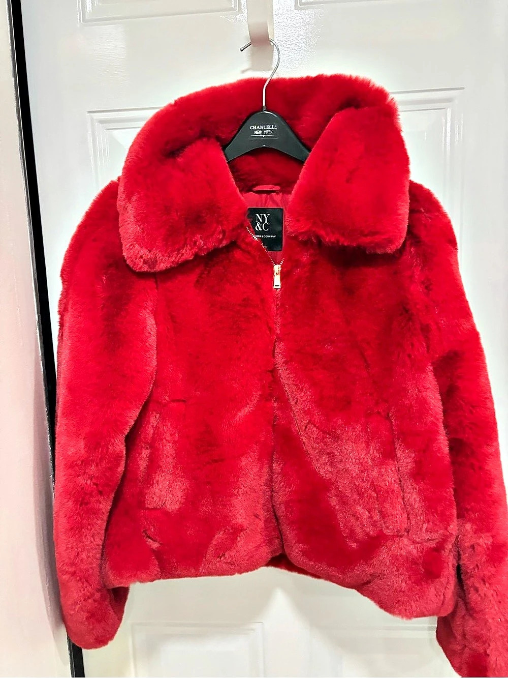 New York & Company Red Faux Fur Teddy Jacket